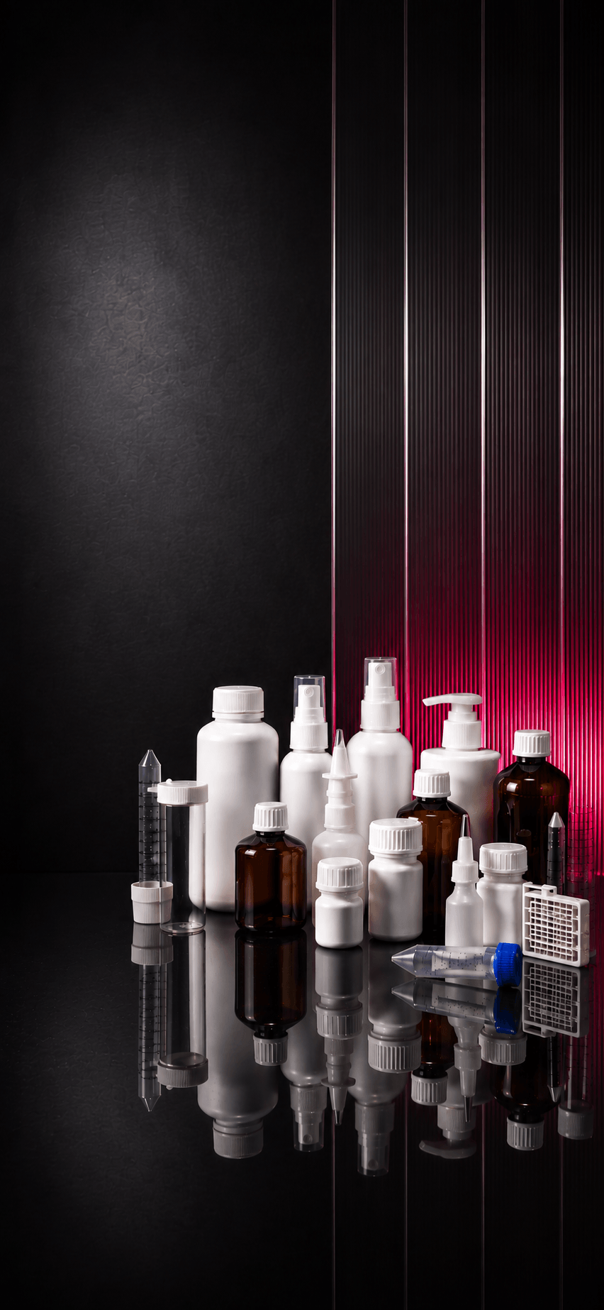 Pharmaceutical bottles, spray pumps, and lab containers