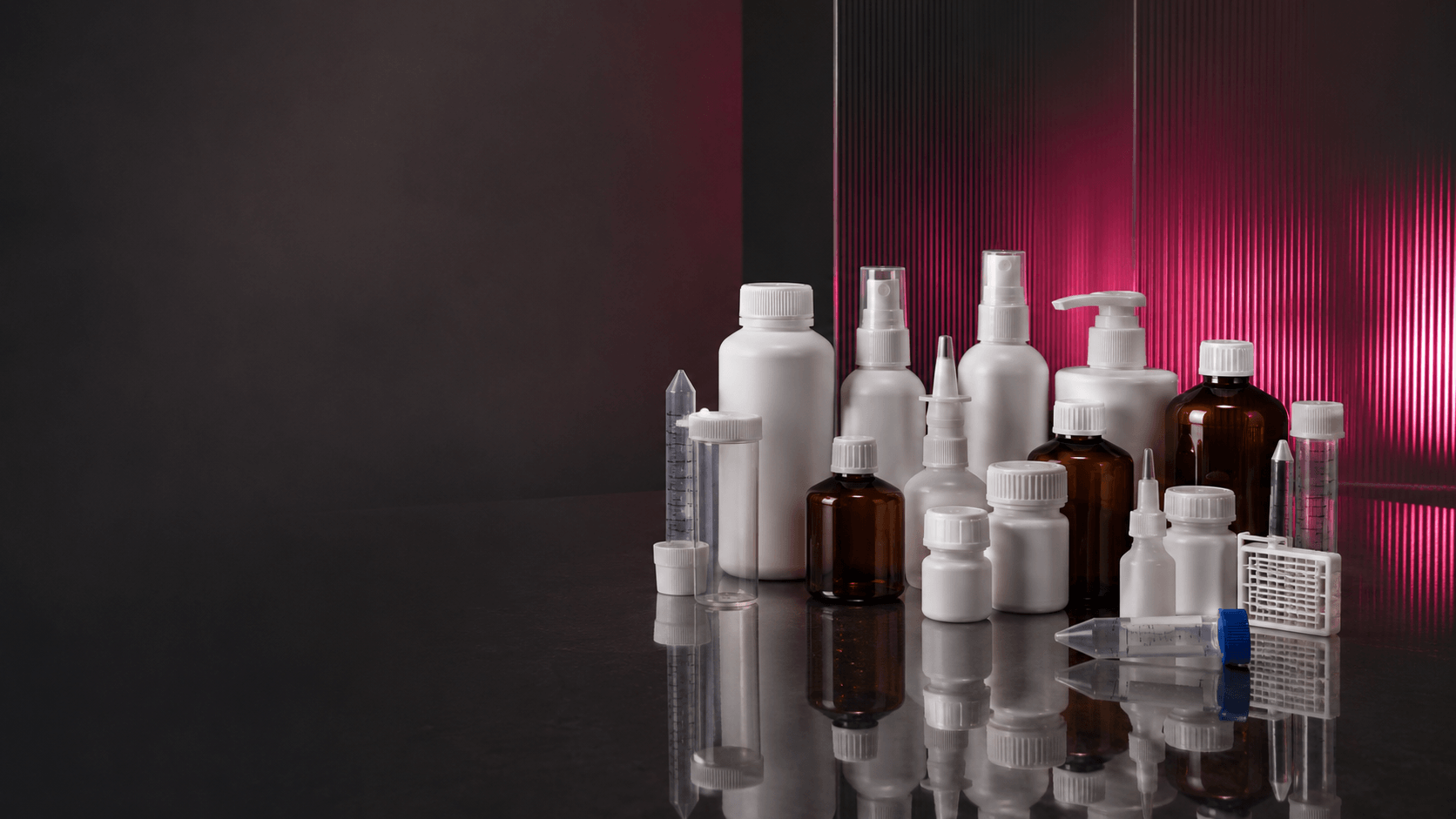Pharmaceutical bottles, spray pumps, and lab containers